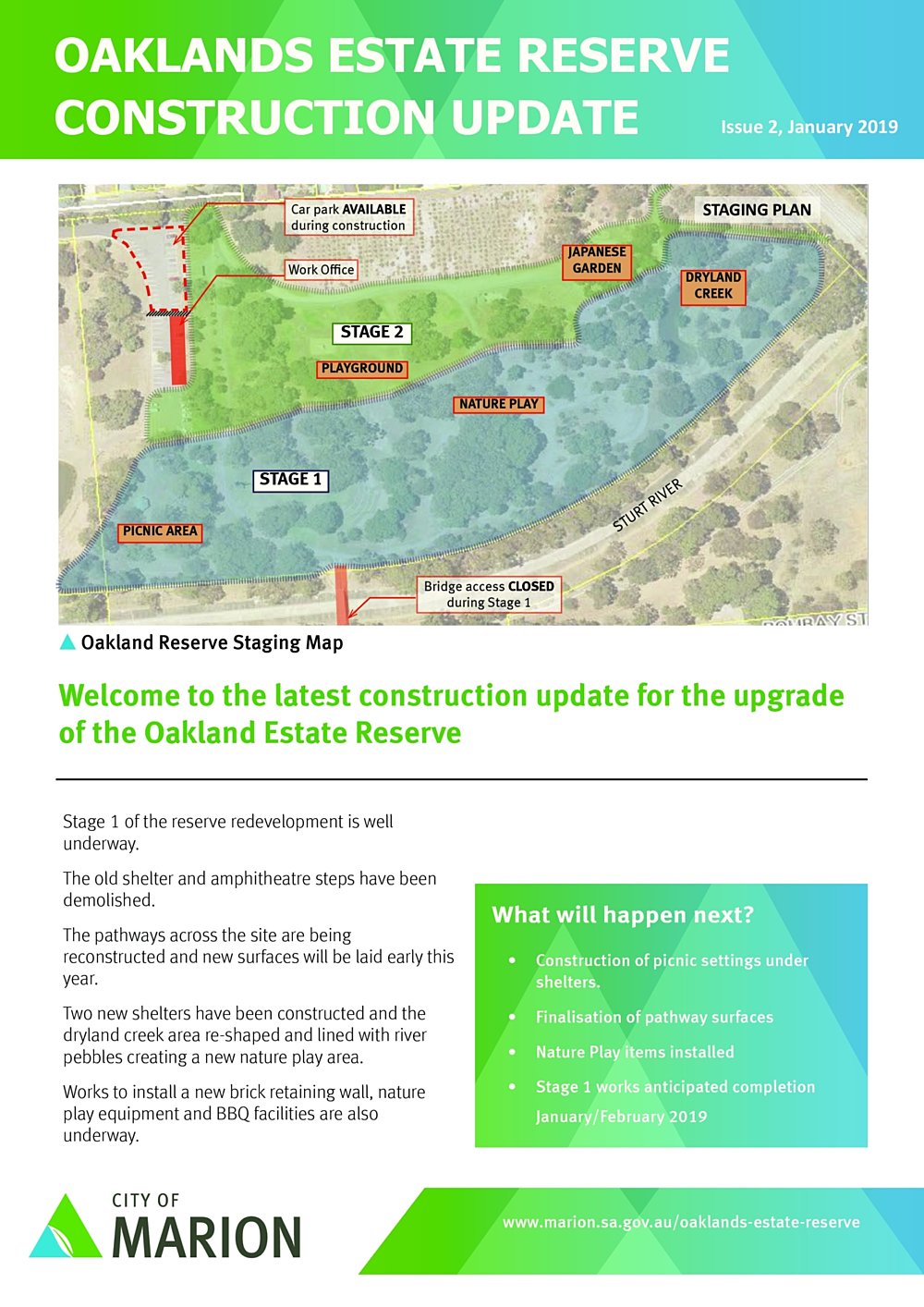 Oaklands Reserve Oaklands Estate Reserve Issue 2 January 2019 Construction Update Pg1