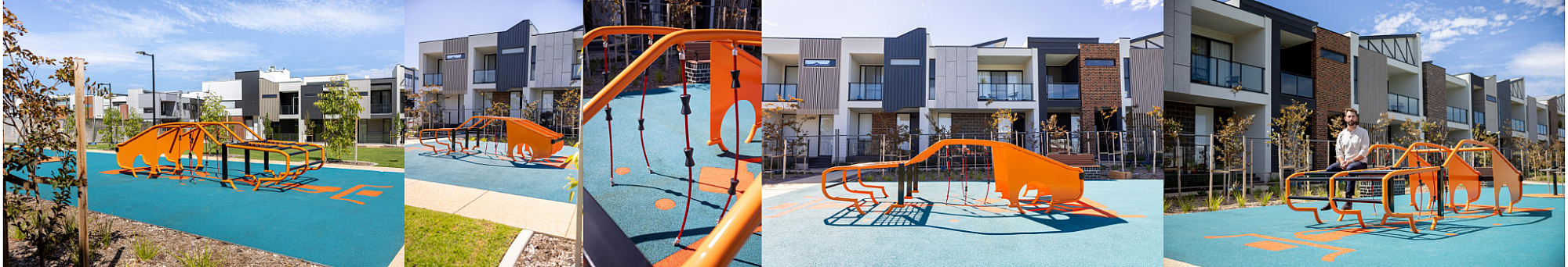 Panoramic collage of a modern playground featuring an orange climbing and sliding structure on a blue rubber surface, set against a backdrop of contemporary townhouses and landscaped green space.