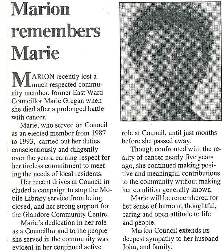 Glandore Community Centre Marie Gregan Memorial Article Marion New And Views Winter 1993