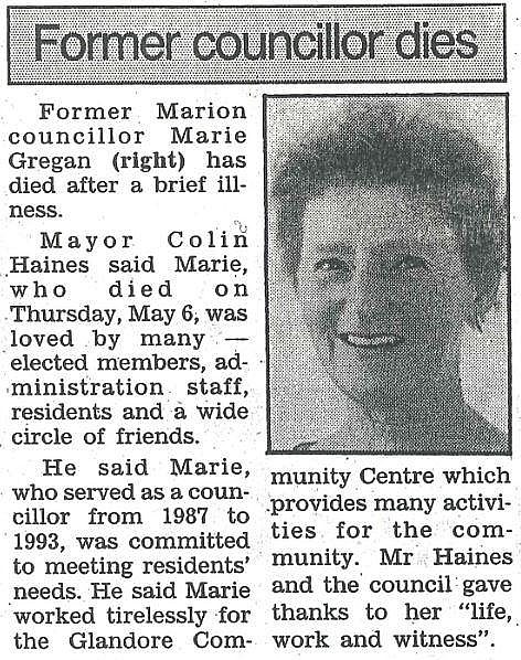 Glandore Community Centre Marie Gregan Memorial Article Messenger May 1993