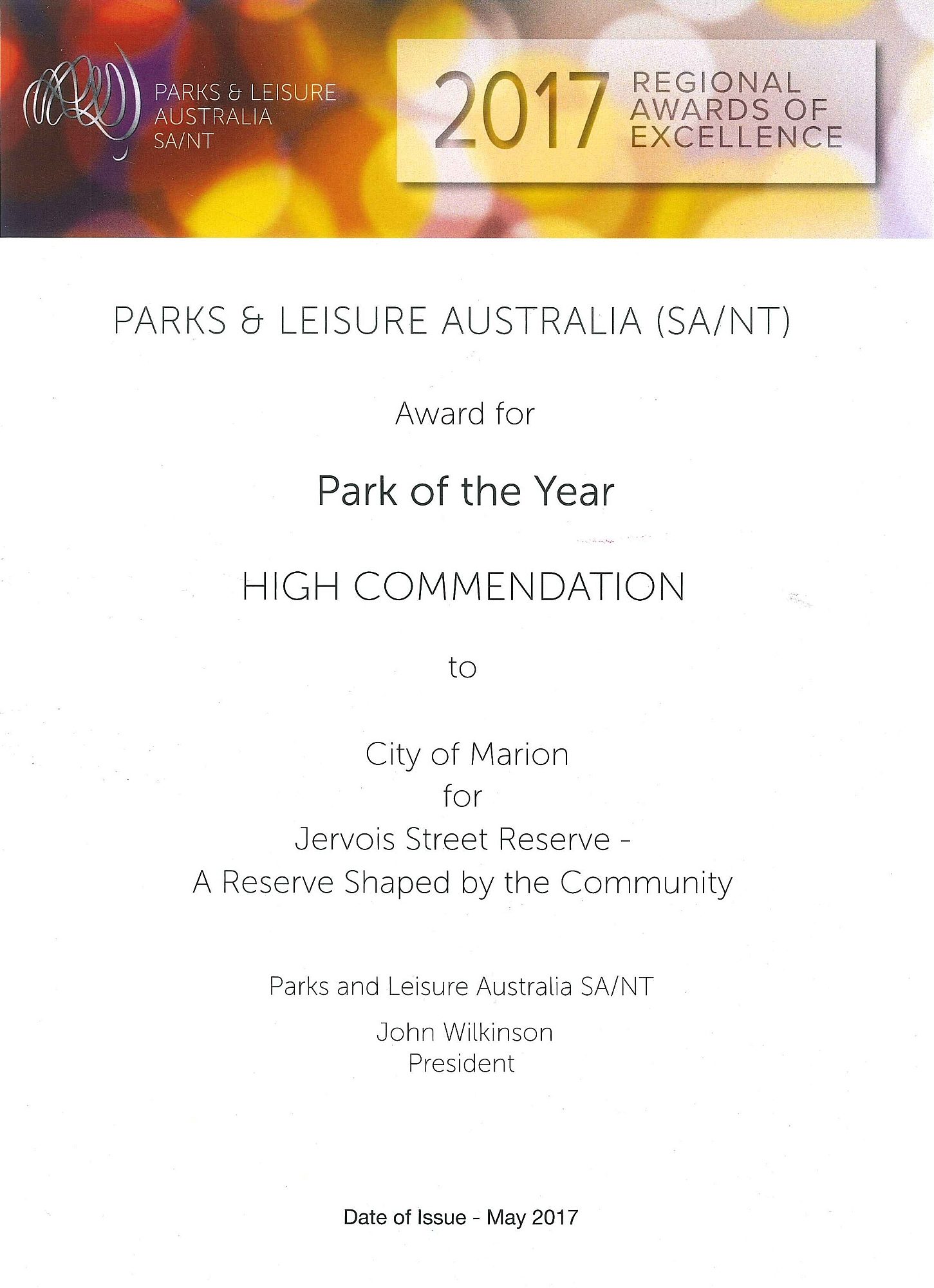 Jervois Street Reserve | 2017 PLA Award | Park of the Year