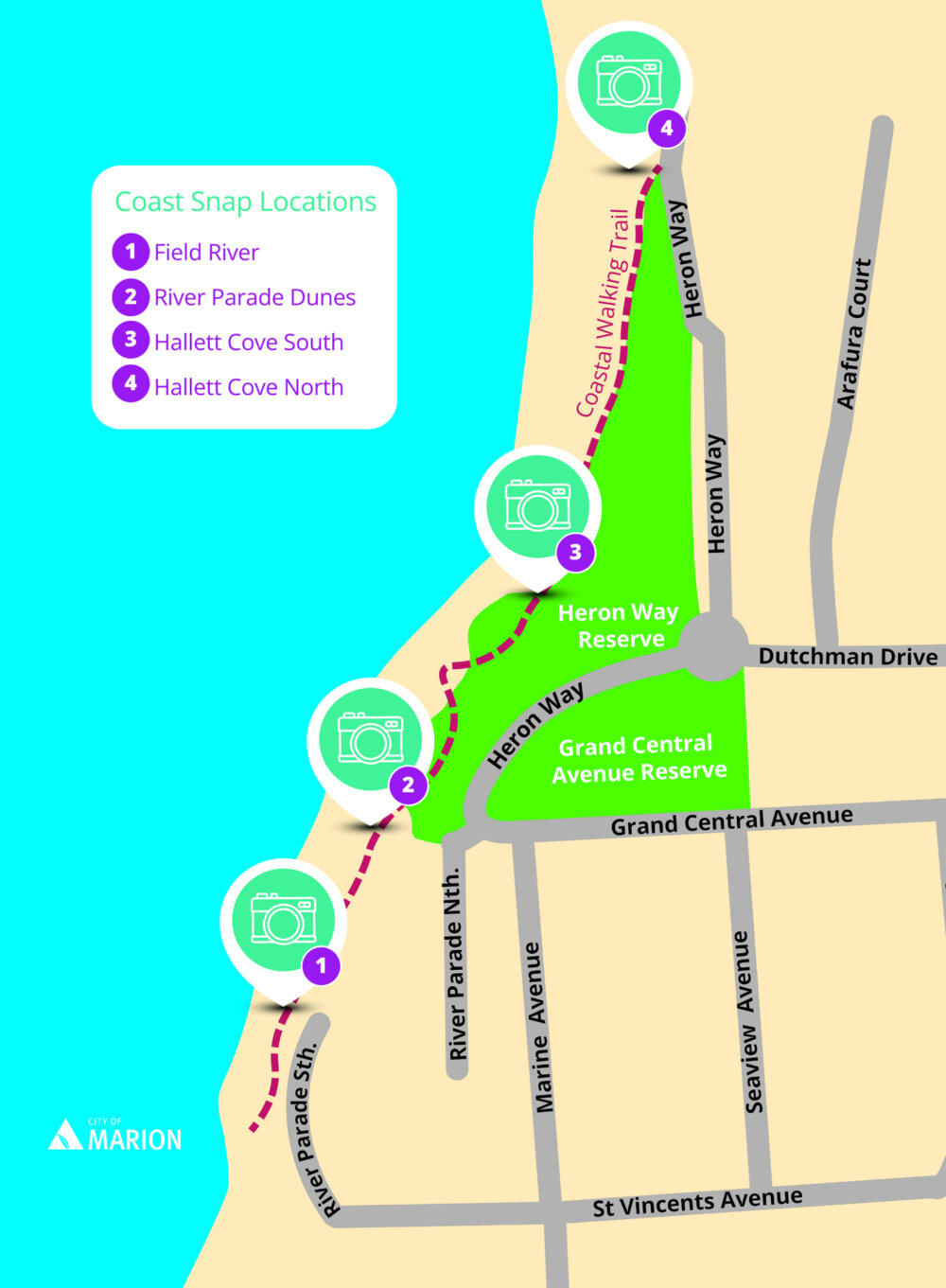 Coast Snap locations map at Heron Way Reserve