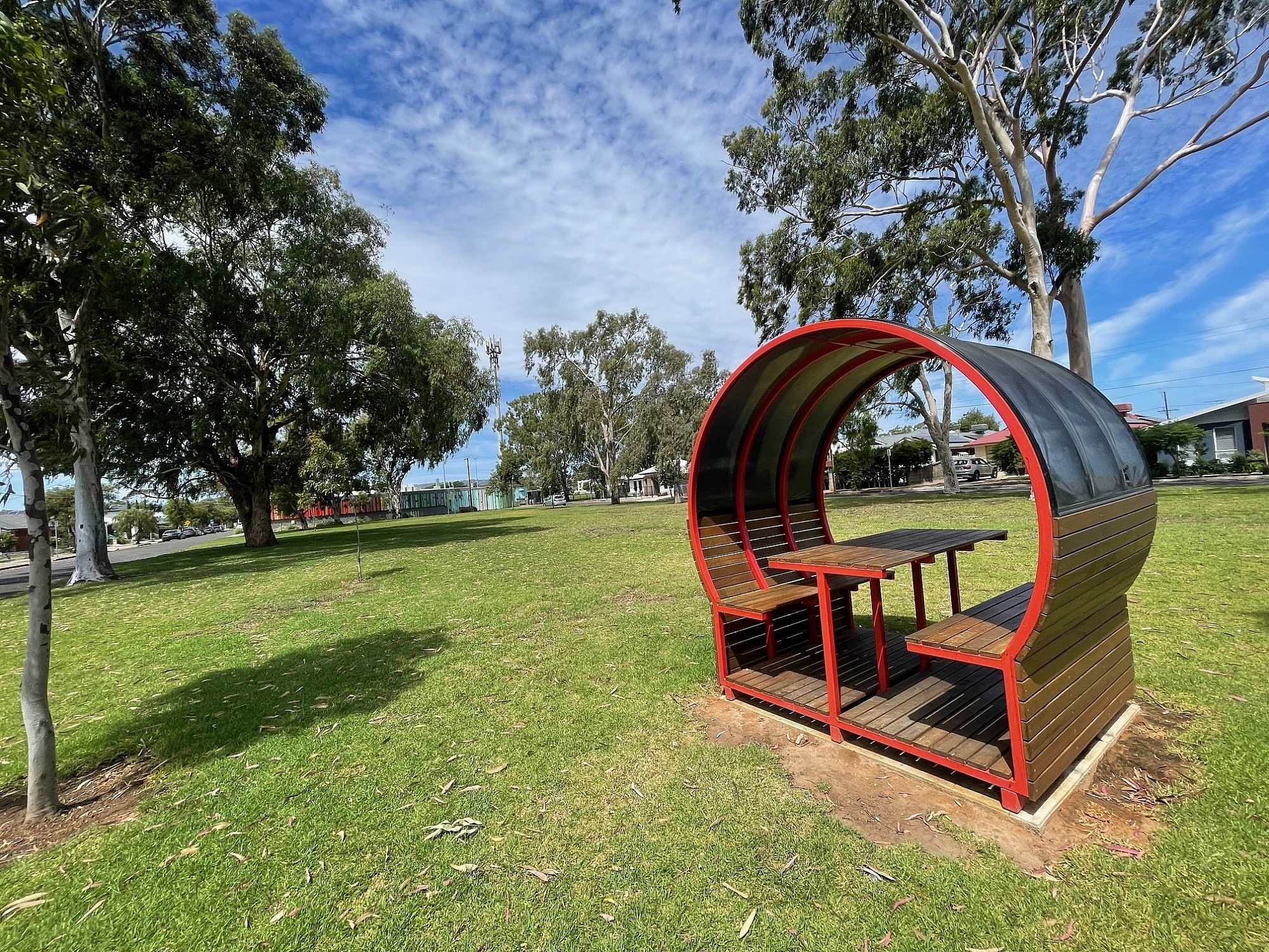 Front side of shaded bench